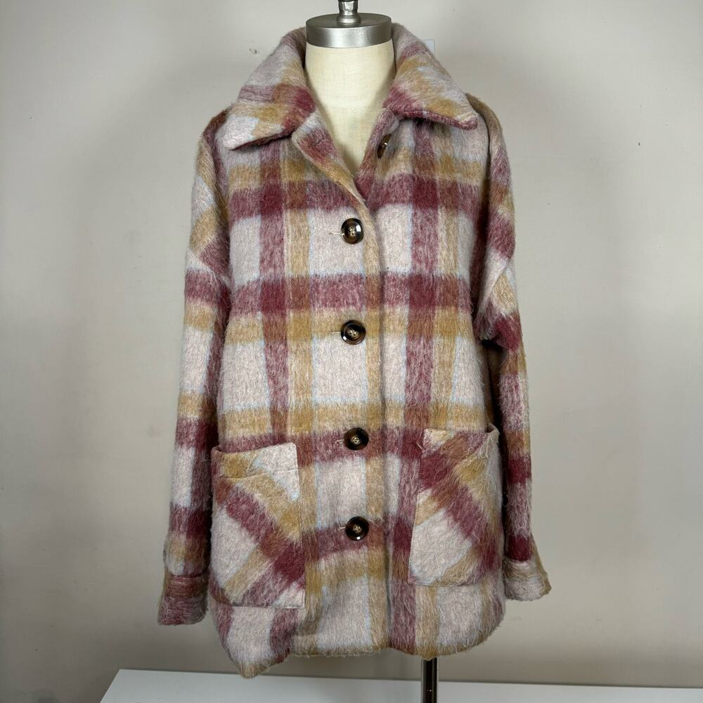 Cyrus Brushed Plaid Button Jacket Shacket Camel Burgundy Statement Maker Women M